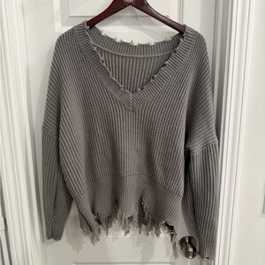Women’s Gray Oversized Distressed V-Neck Sweater